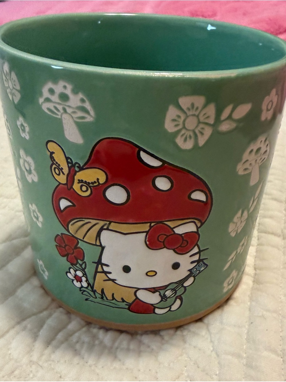 Blue Sky Clayworks Hello Kitty Green Ceramic Planter with Red Accents